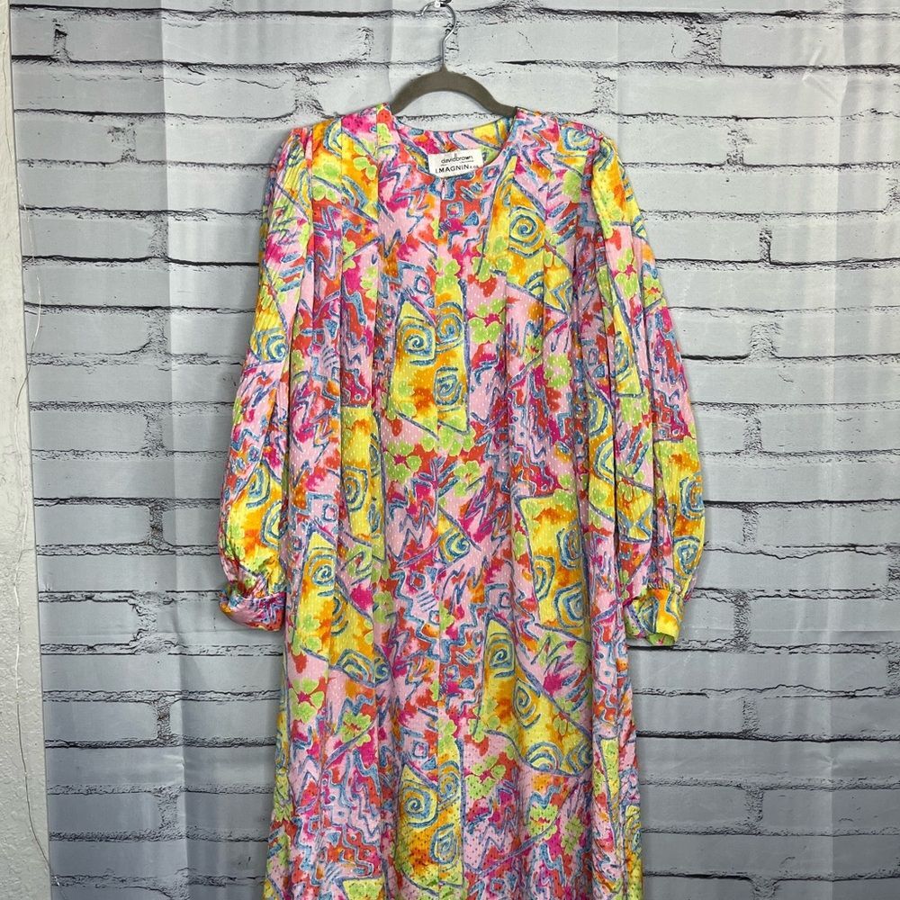 David Brown 1980s Vintage Pink Yellow Maxi Nightgown Dress 3/4 Puff Sleeve M